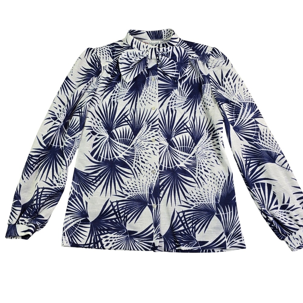 Vintage 70s Tropical Button Top Blouse Women‎ S/M 10 Blue Palm Bow Hawaiian
